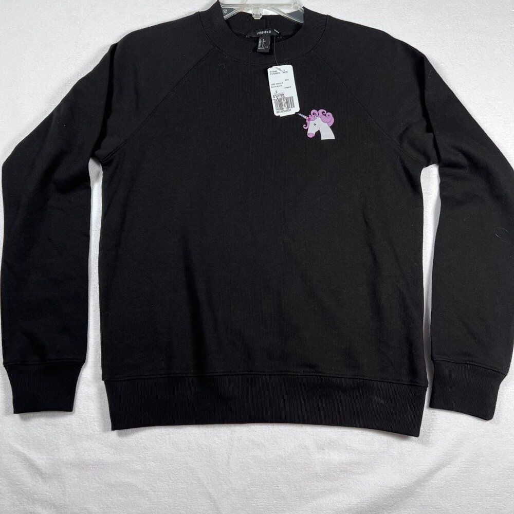 Forever 21 Unicorn Sweatshirt Womens Small Black Crewneck Long Sleeve NWT